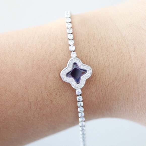 14mm Clover Purple CZ Diamond Tennis Bracelet Stainless Steel - Picture 3 of 3